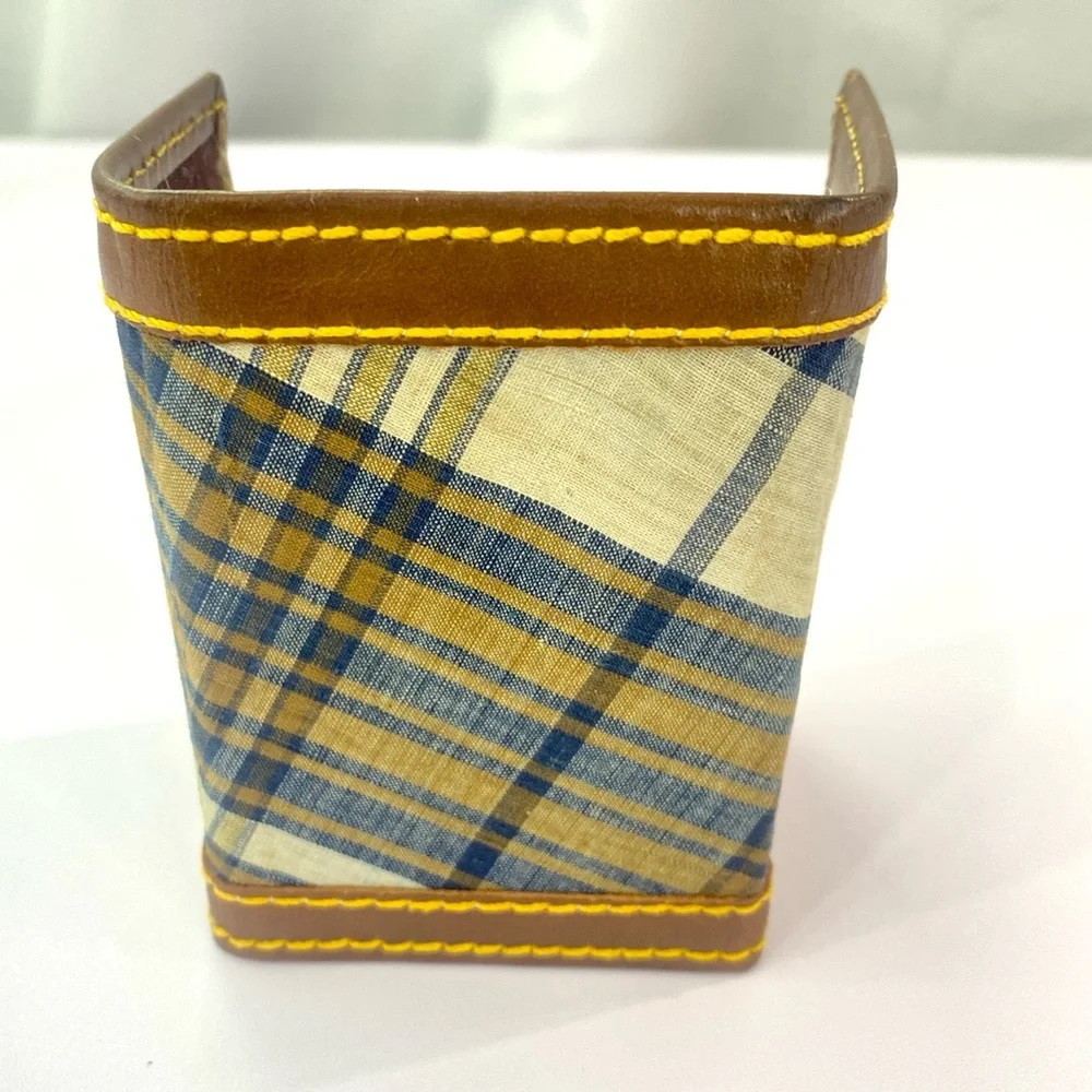 Canterbury Vintage 1980s Navy Plaid Key Holder Brown Leather Yellow Stitch Prepp